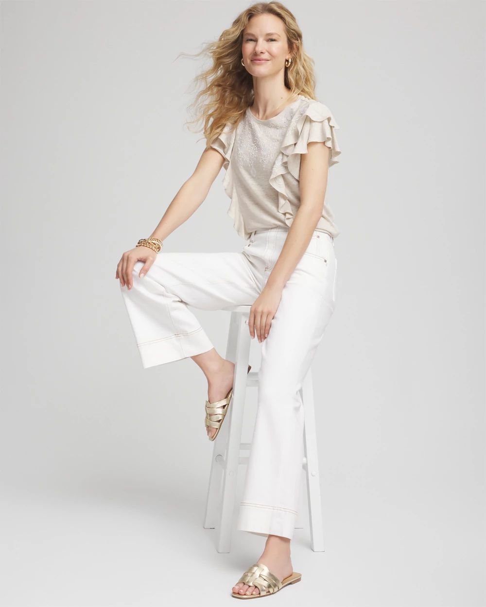 Embroidered Flutter-Sleeve Tee
