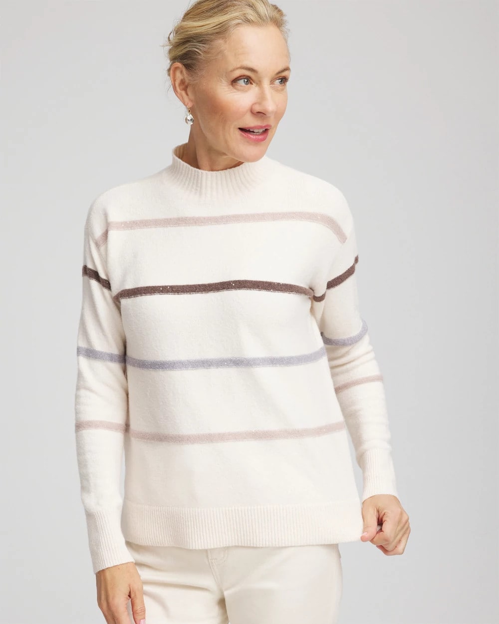 Chico's Sequined Stripe Pullover Sweater In Cream In White