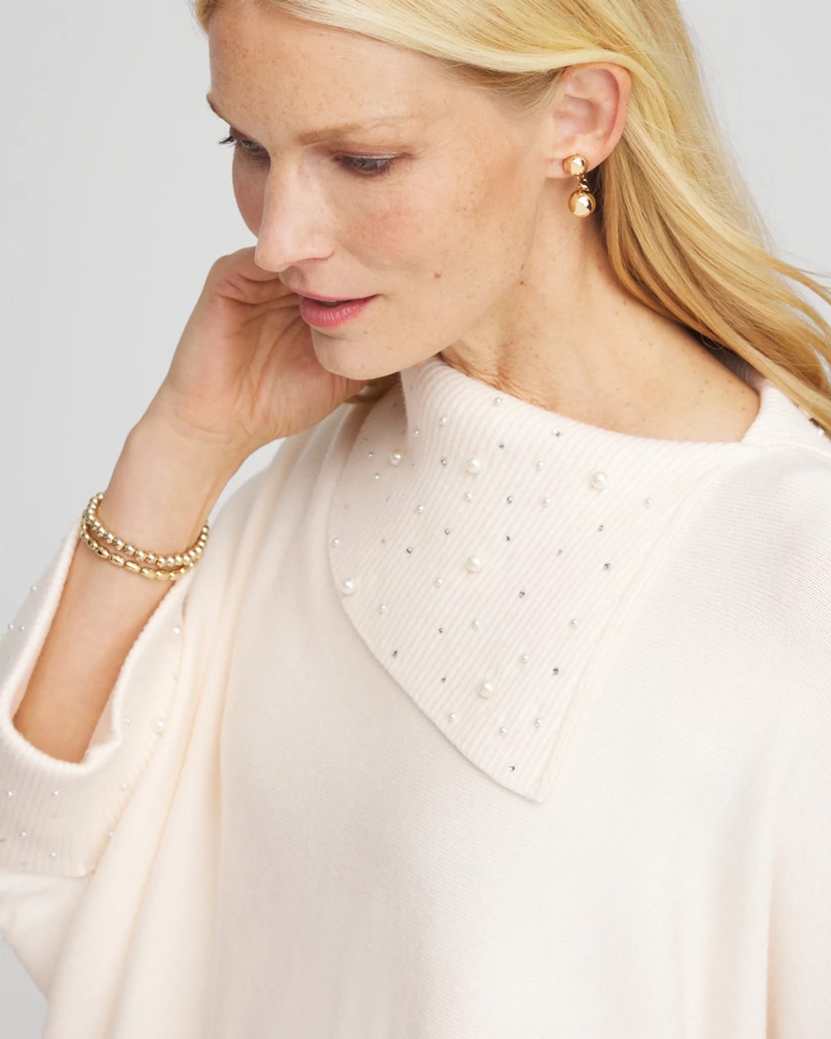 Chico's Embellished Sweater Poncho In Cream In White