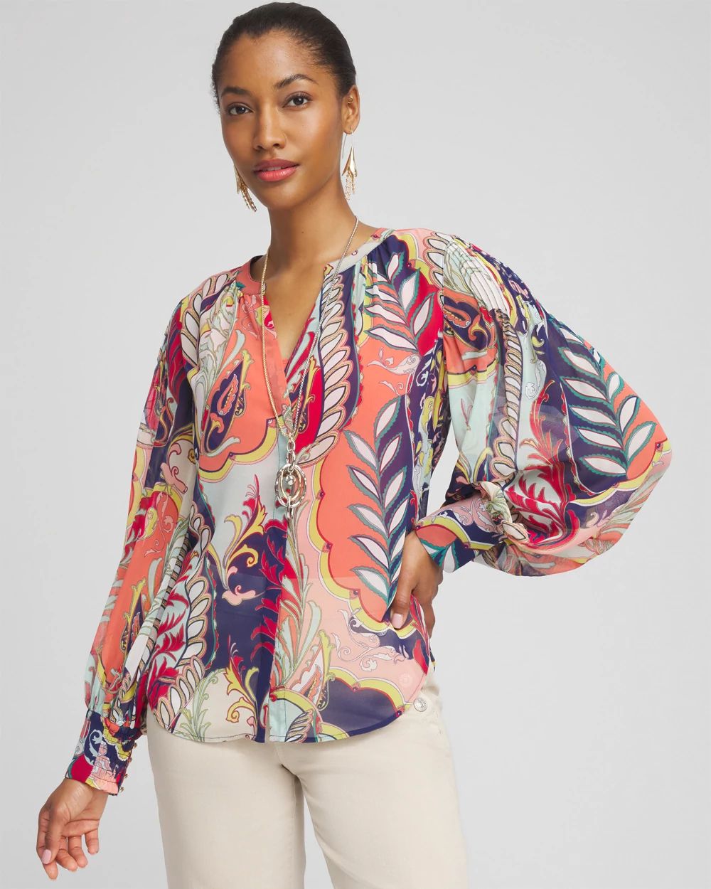 Pintuck Detail Artisan Print Top