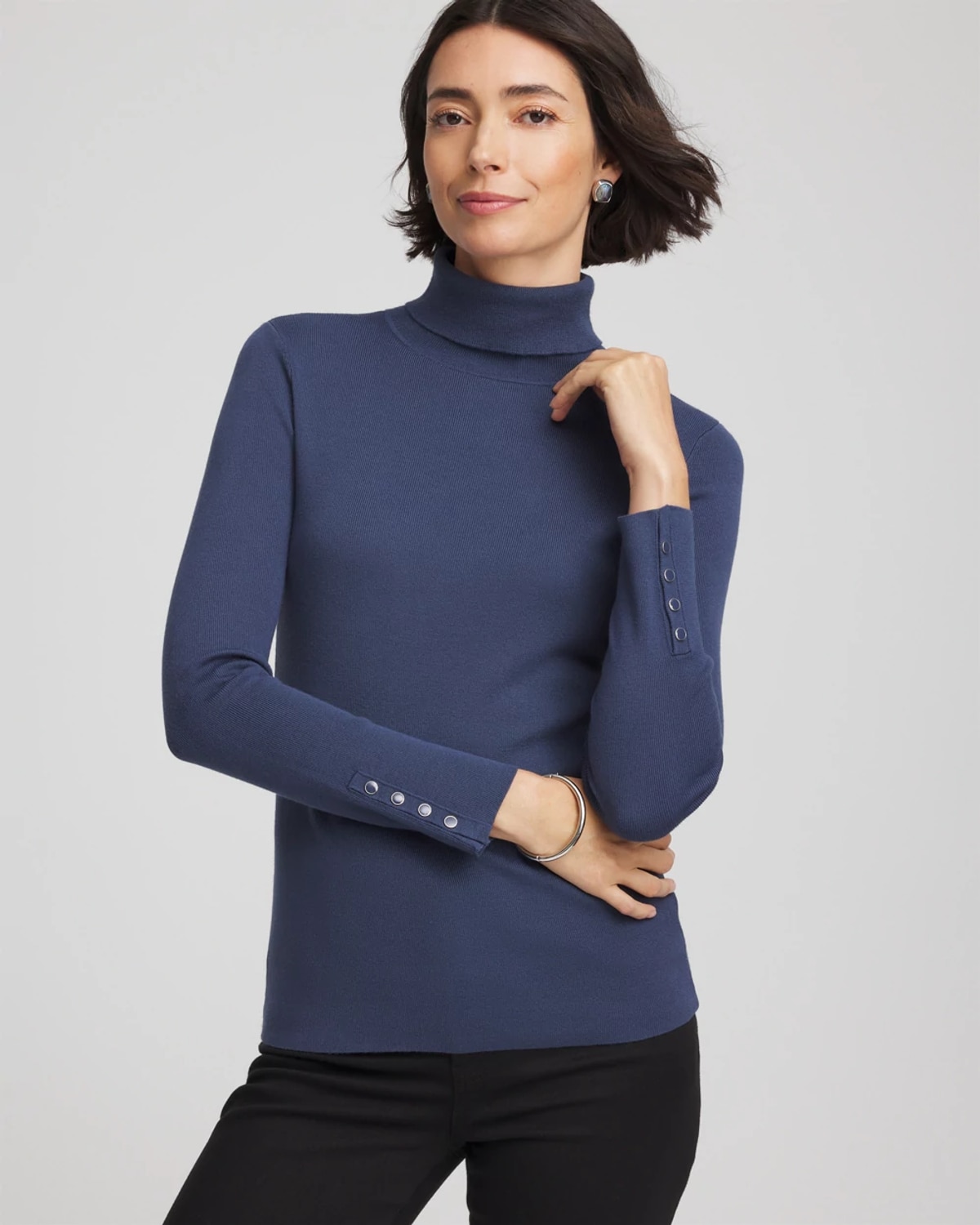 Chico's Ella Button Cuff Turtleneck Sweater In Indigo Sky