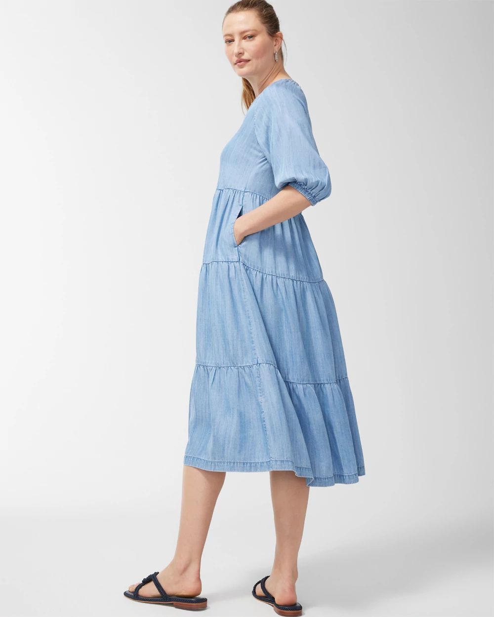 Tencel Puff Sleeve Tiered Dress