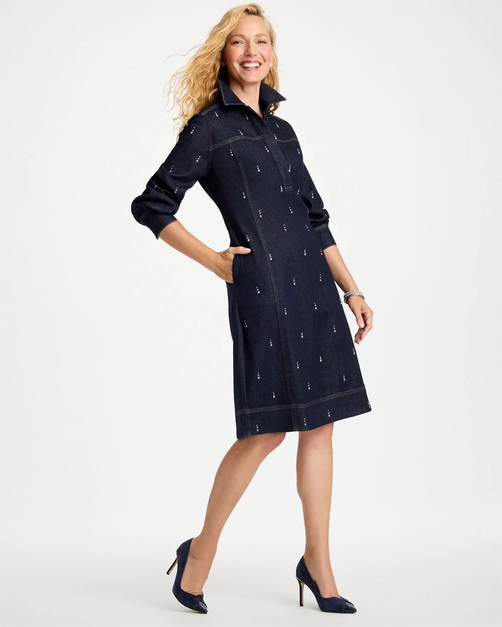 Embellished Denim Midi Shirtdress click to view larger image.