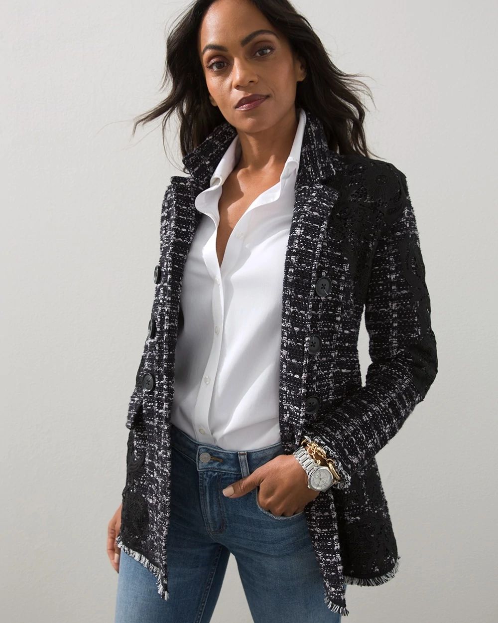 Embroidered Plaid Sweater Blazer