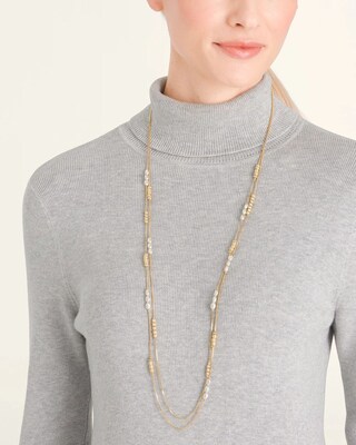 Long Faux-Pearl and Goldtone Double-Strand Necklace click to view larger image.