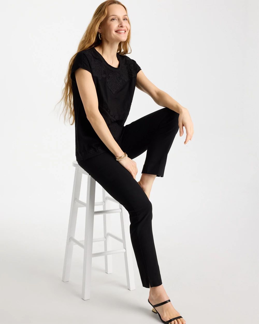 Monochrome Embroidered Cap-Sleeve Tee click to view larger image.