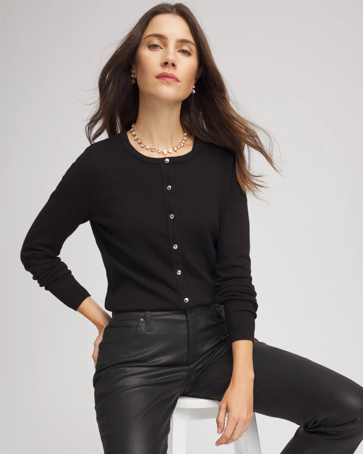 Chico's Ella Crewneck Cardigan Sweater In Black In Black