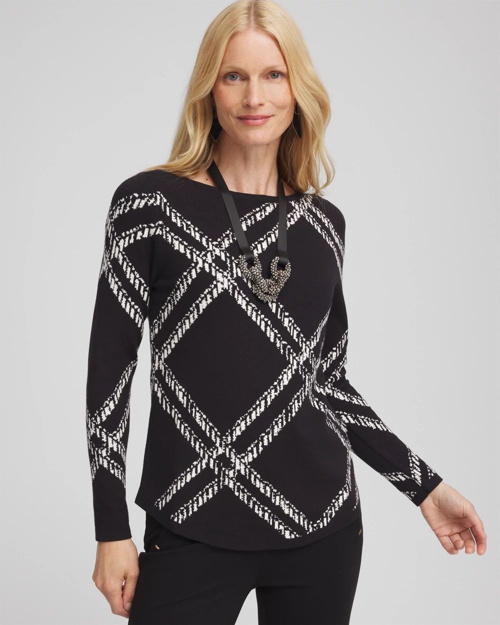 Plaid Bateau Neck Long Sleeve Pullover Sweater