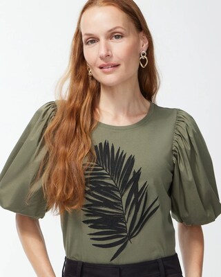 Green Embellished Puff Sleeve Tee