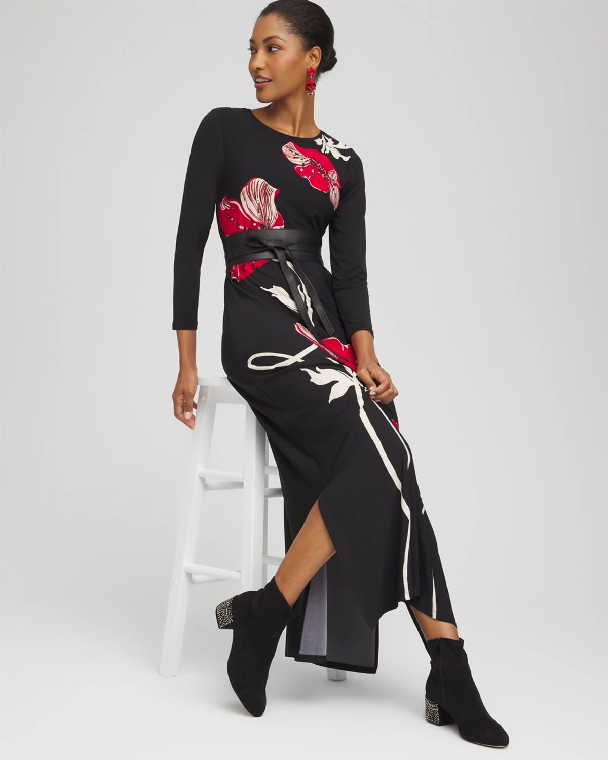 Chico's Embellished Floral Maxi Dress In Black In Black