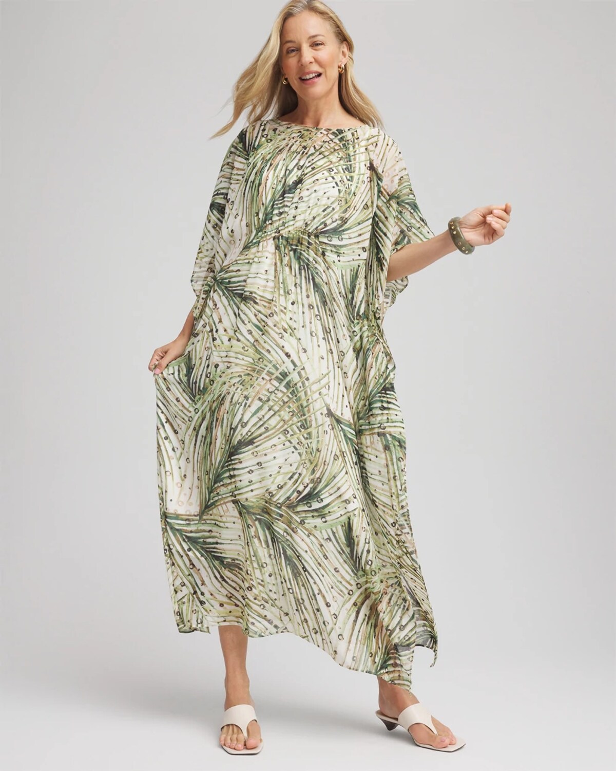 Chico's Crinkle-chiffon Kaftan Dress In White In Sand