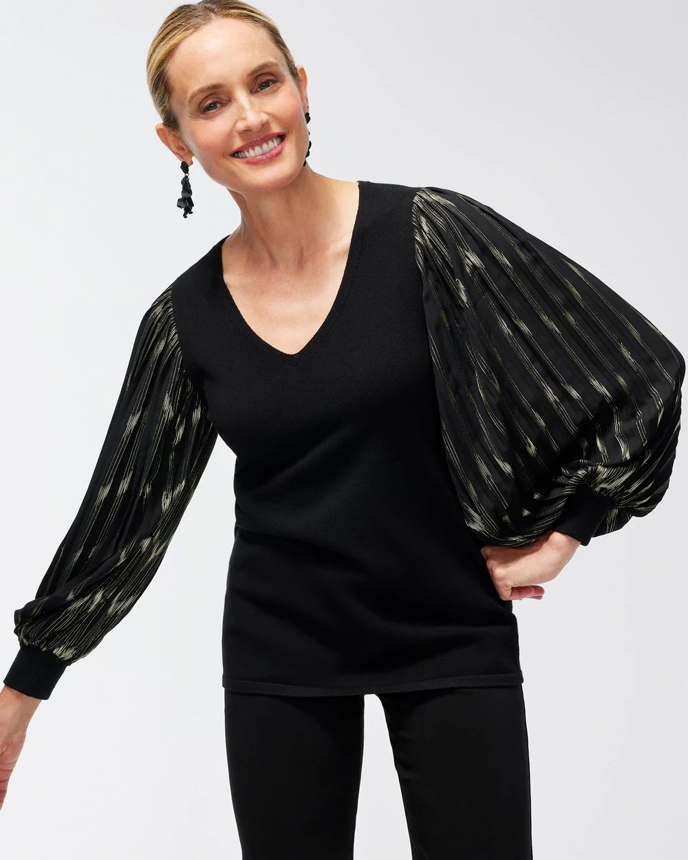 Abstract Foil Pleat Sleeve Pullover Sweater
