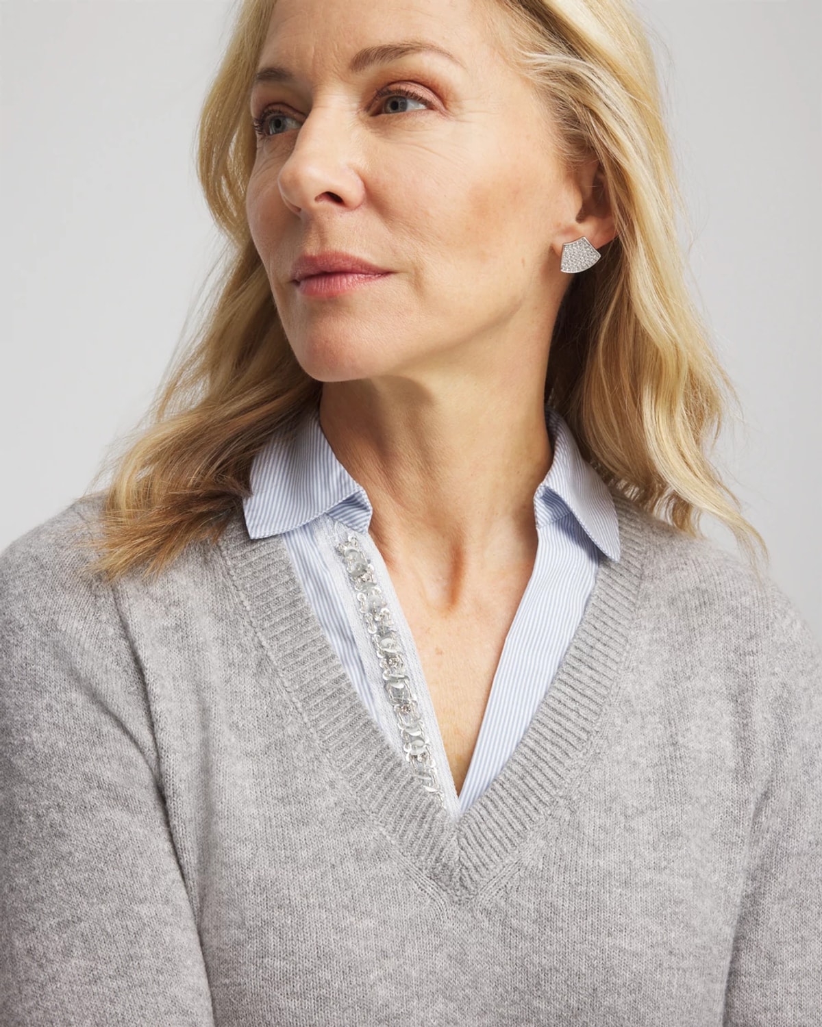 Chico's Sequin Built-in Shirt Knit Sweater In Gray In Gray