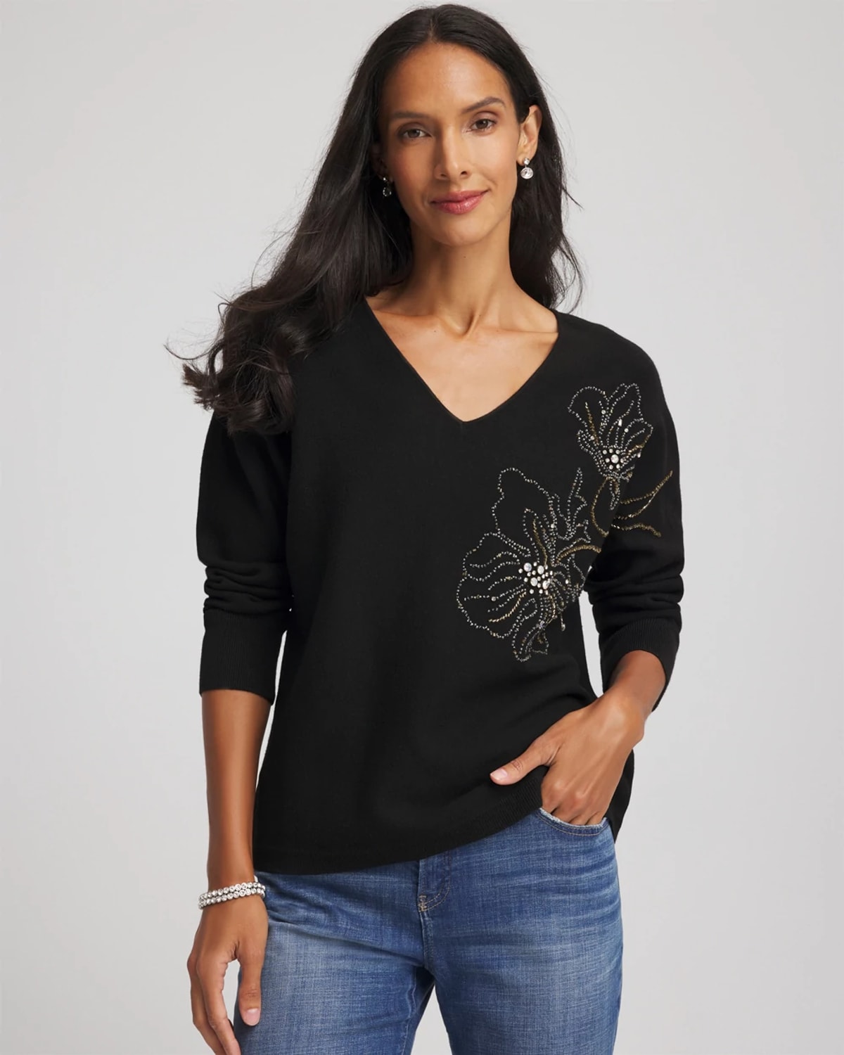 Chico's Floral Embellished Dolman V-neck Pullover In Black