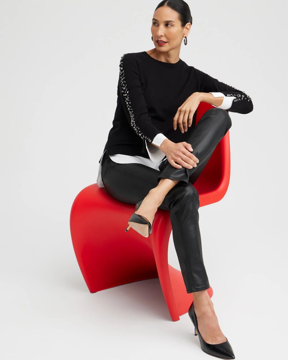 Knit Woven Rhinestone Pullover Sweater