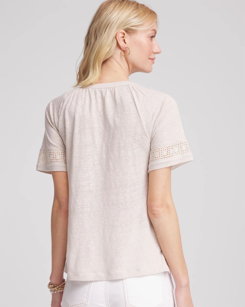 Linen Lace-Cutwork Sleeve Henley Tee