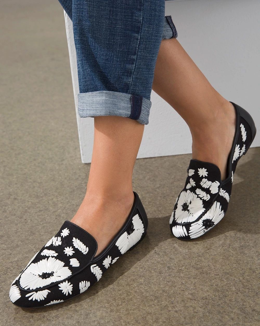 Black Floral Raffia Loafers