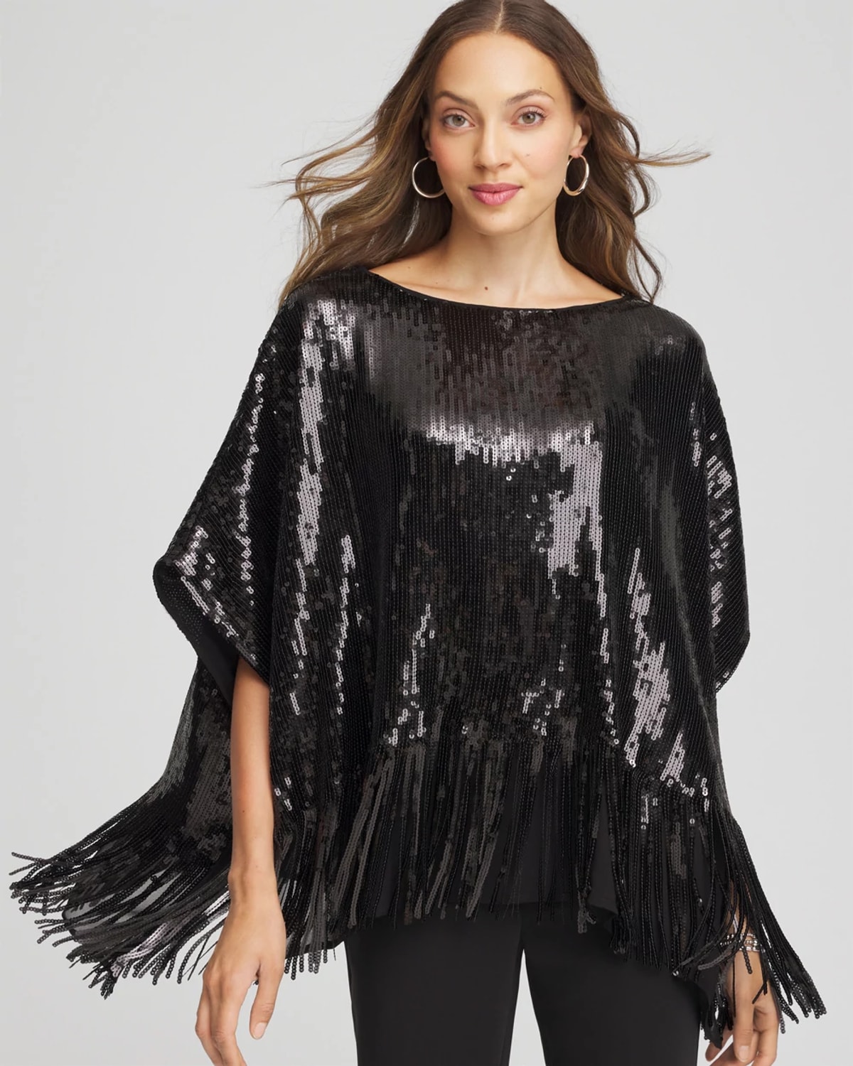 Chico's Sequins Fringed Poncho In Black In Black