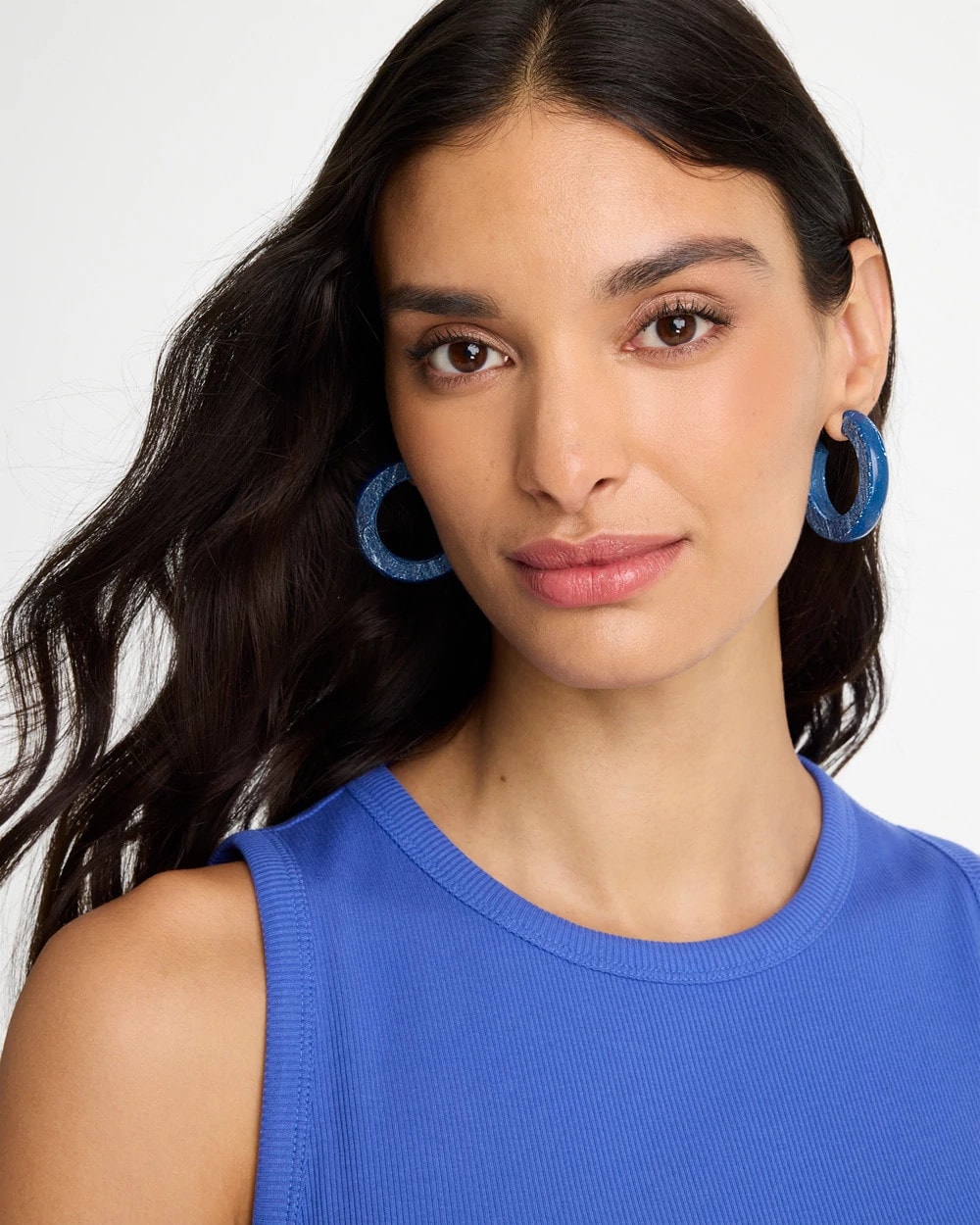 Blue-Neutral Wood Hoop Earrings