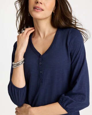 Puff Sleeve Cotton Slub Henley Shirt click to view larger image.
