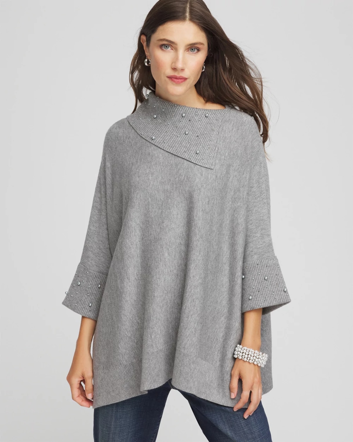 Chico's Embellished Sweater Poncho In Gray