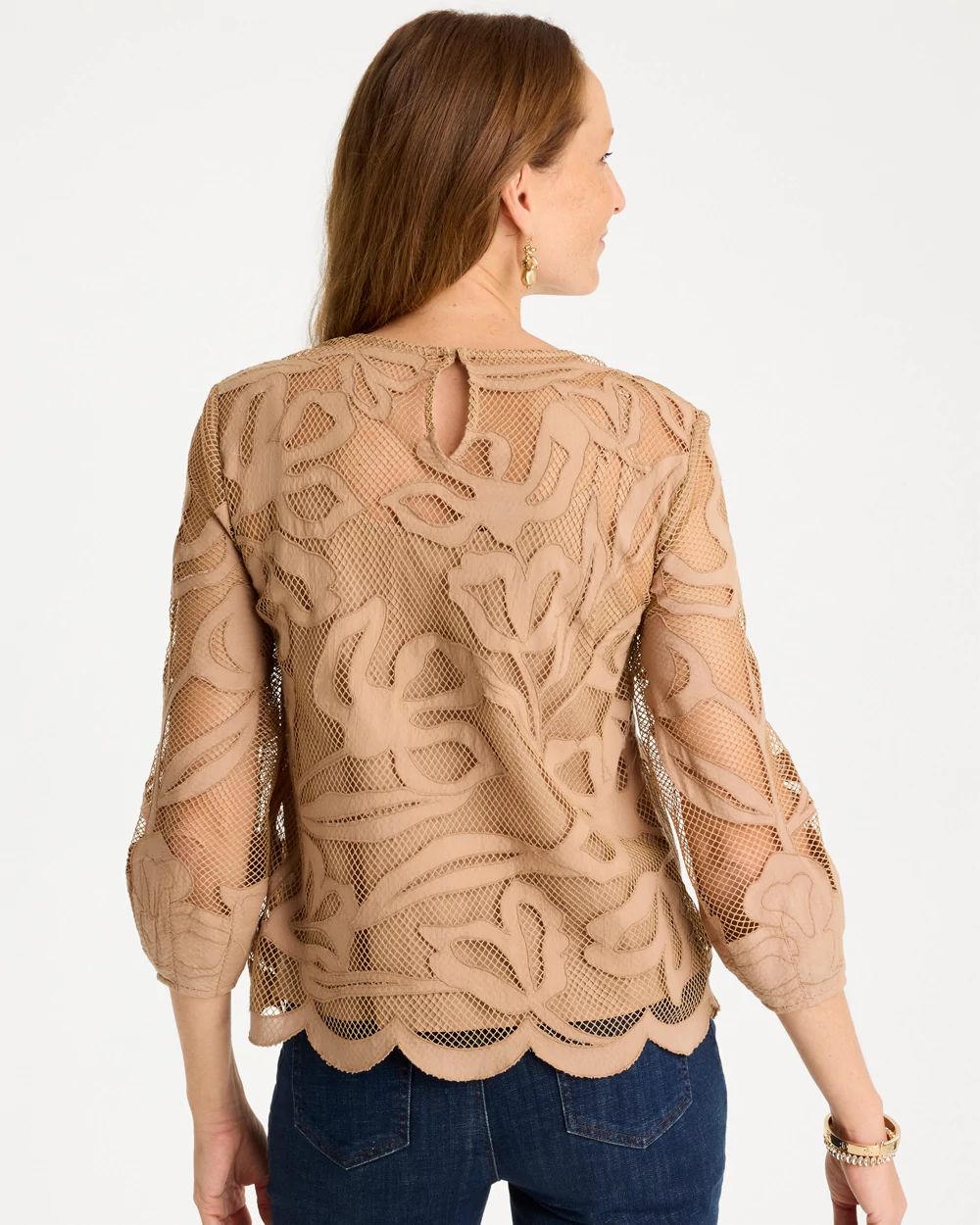 Floral-Motif Mesh 3/4 Sleeve Top