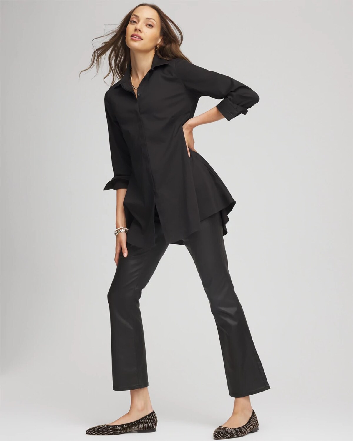 Chico's Coated Girlfriend Cropped Flared Jeans In Black In Black