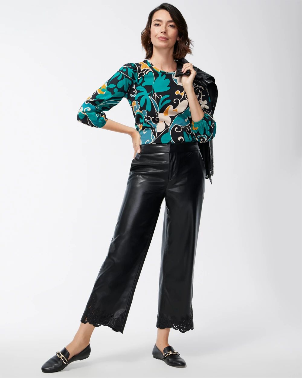 Faux Leather Cutwork Hem Trousers