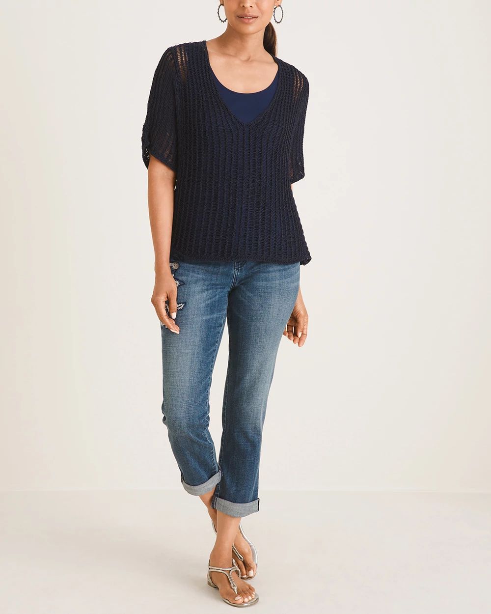 Open-Stitch V-Neck Sweater