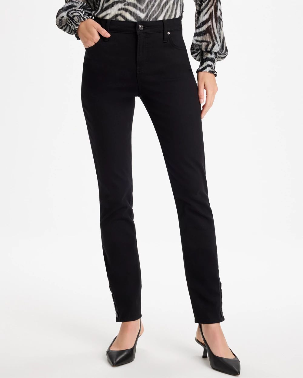 Girlfriend Slim Faux Leather Hem Ankle Jeans click to view larger image.
