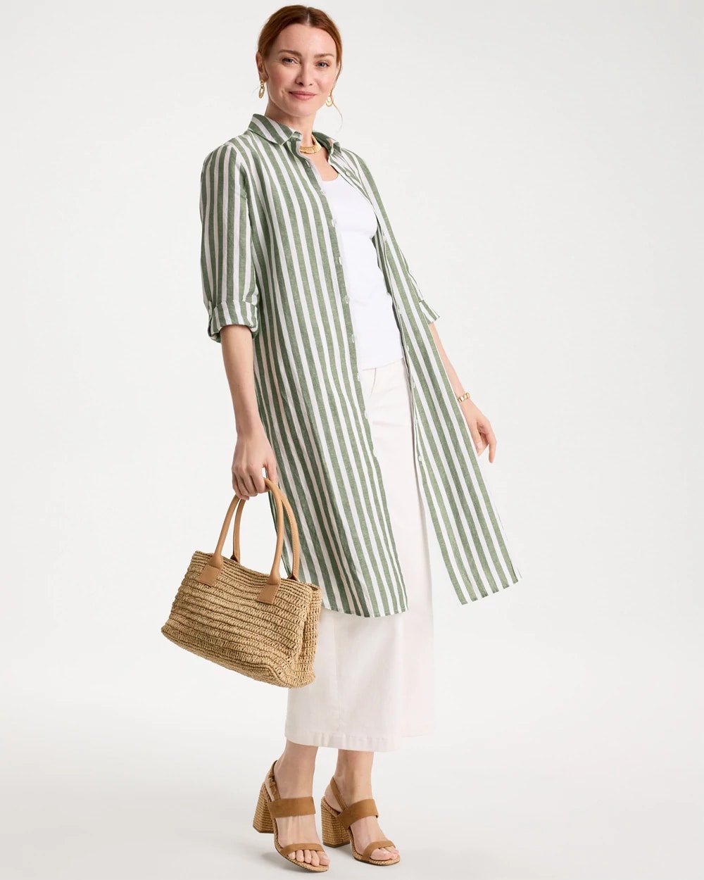 Collared Striped Linen-Cotton Duster Tunic, photo 1 of 5