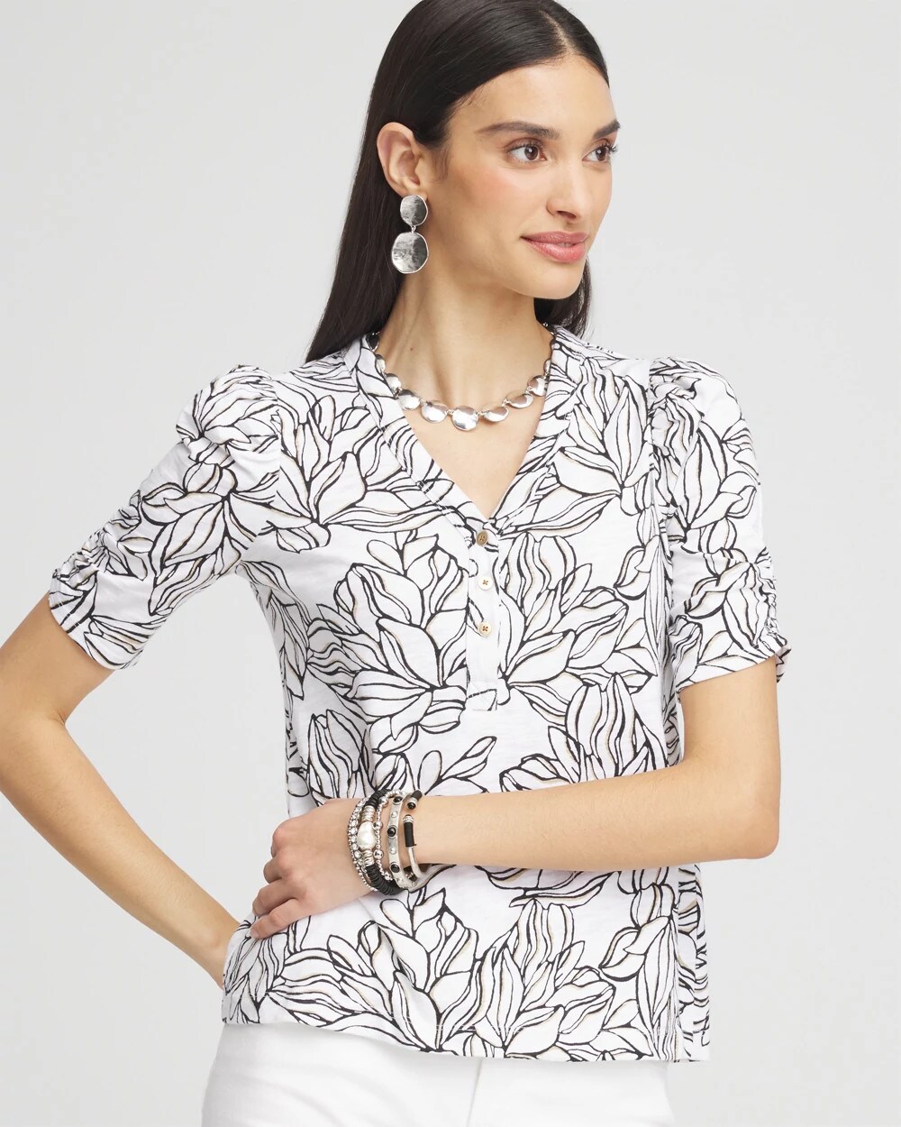 Floral Slub Split Neck Henley Tee