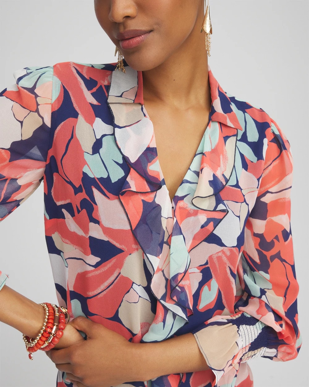 Abstract Ruffle Front Shirt Dress