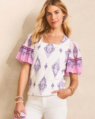 Square-Neck Pleated Flutter-Sleeve Tee