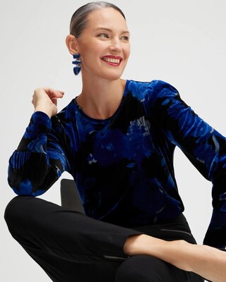 Velvet Floral Ruched Sleeve Top