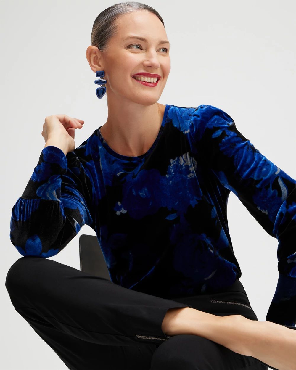 Velvet Floral Ruched Sleeve Top