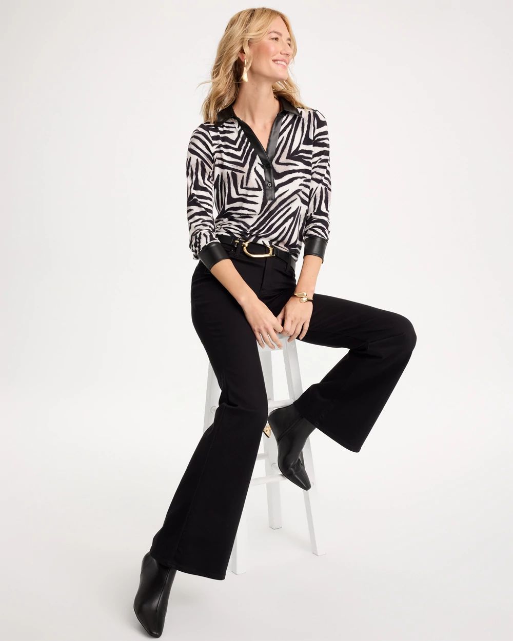 Zebra Animal Print Knit Leather-Trim Tee click to view larger image.