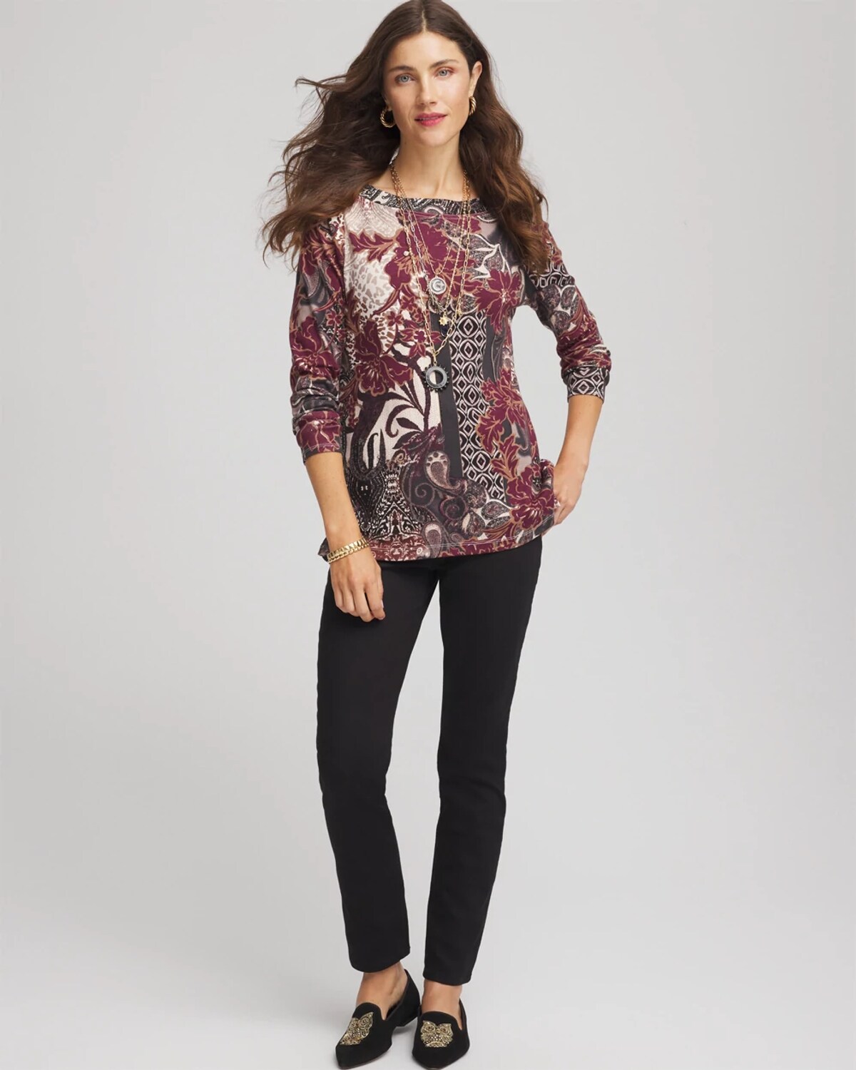 Chico's Printed Pima Cotton Bateau-neck Tee In Rocky Mountain In Multi