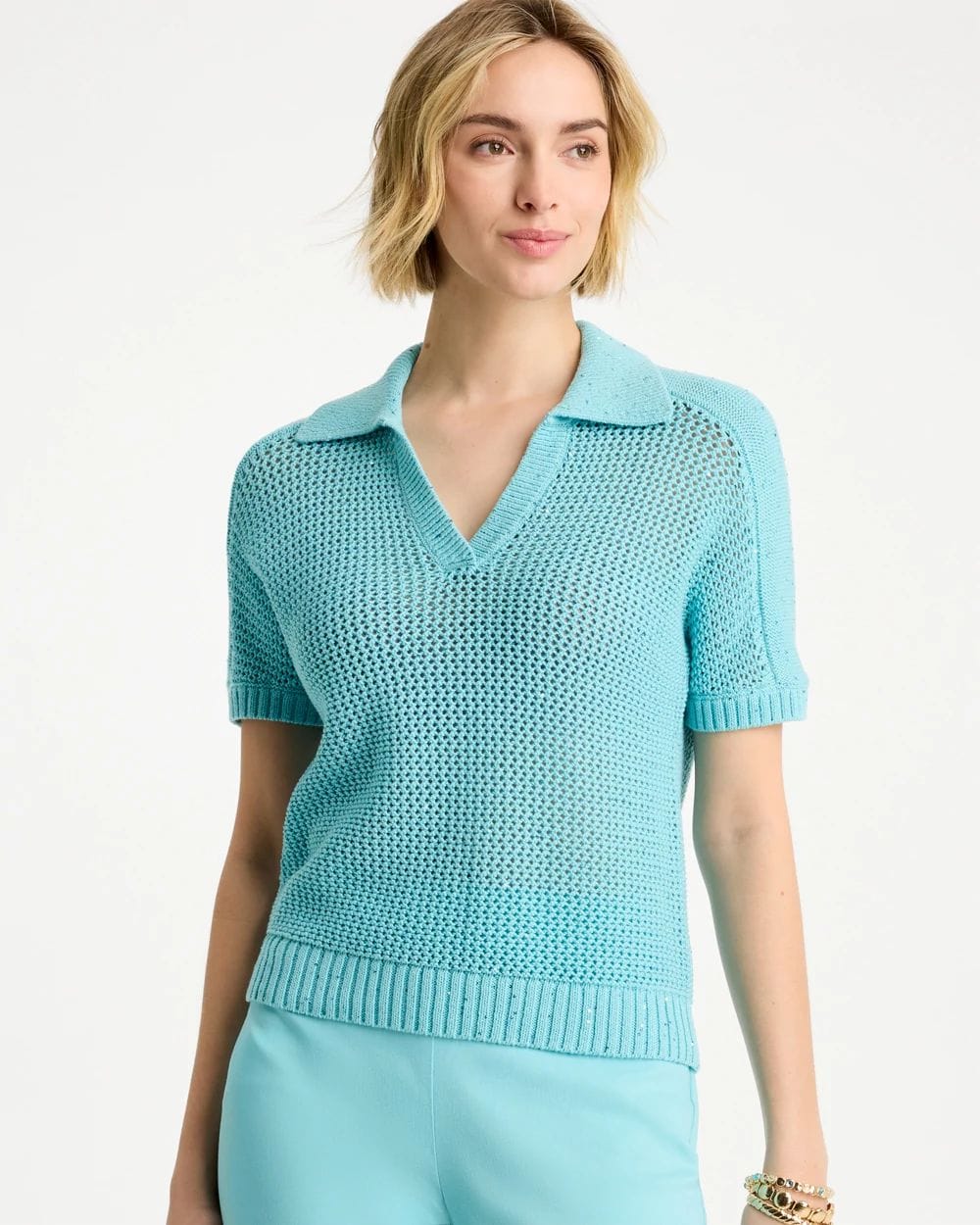 Sequin Pointelle Pullover Polo Sweater