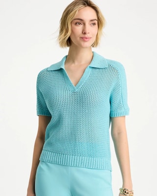 Sequin Pointelle Pullover Polo Sweater