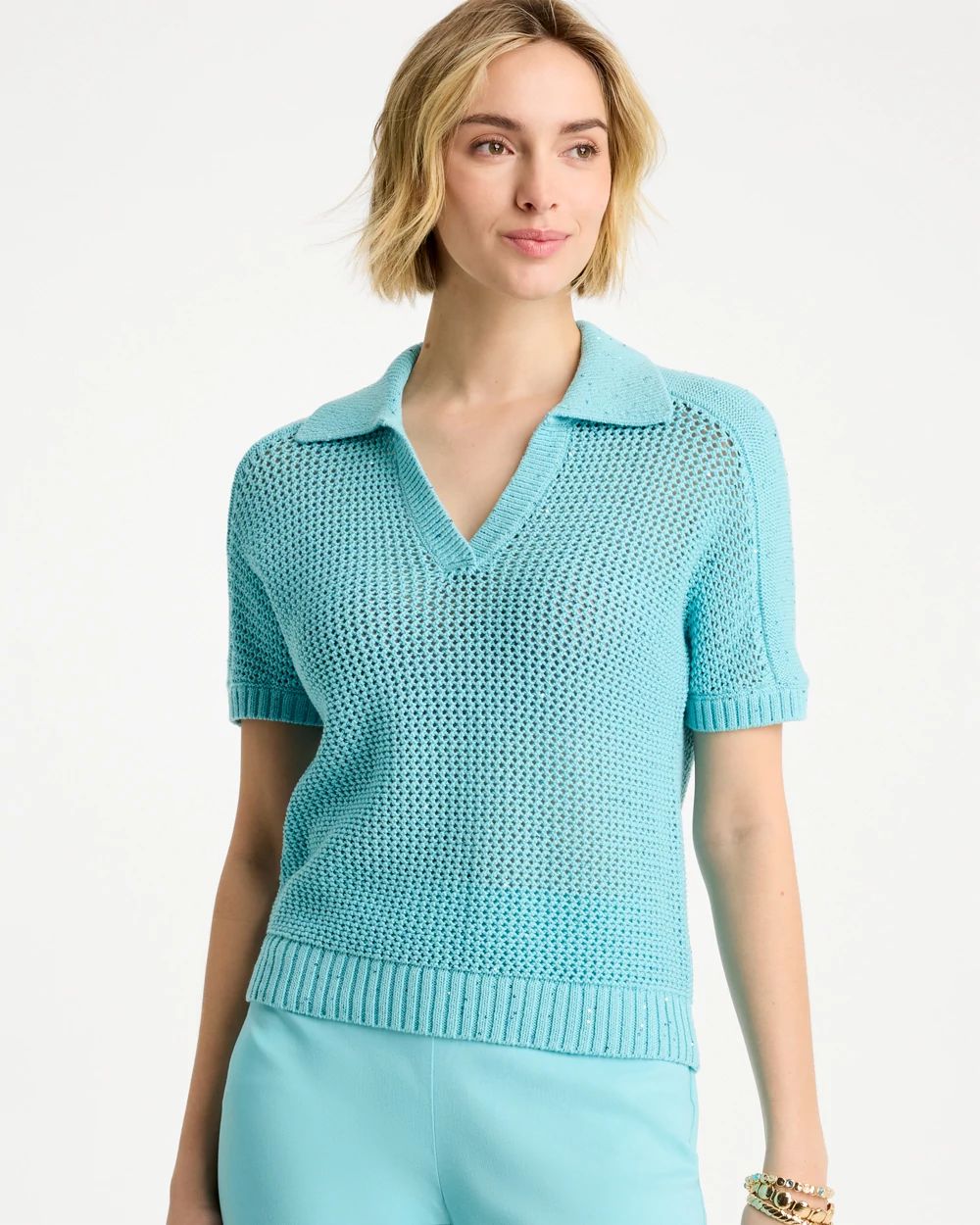 Sequin Pointelle Pullover Polo Sweater
