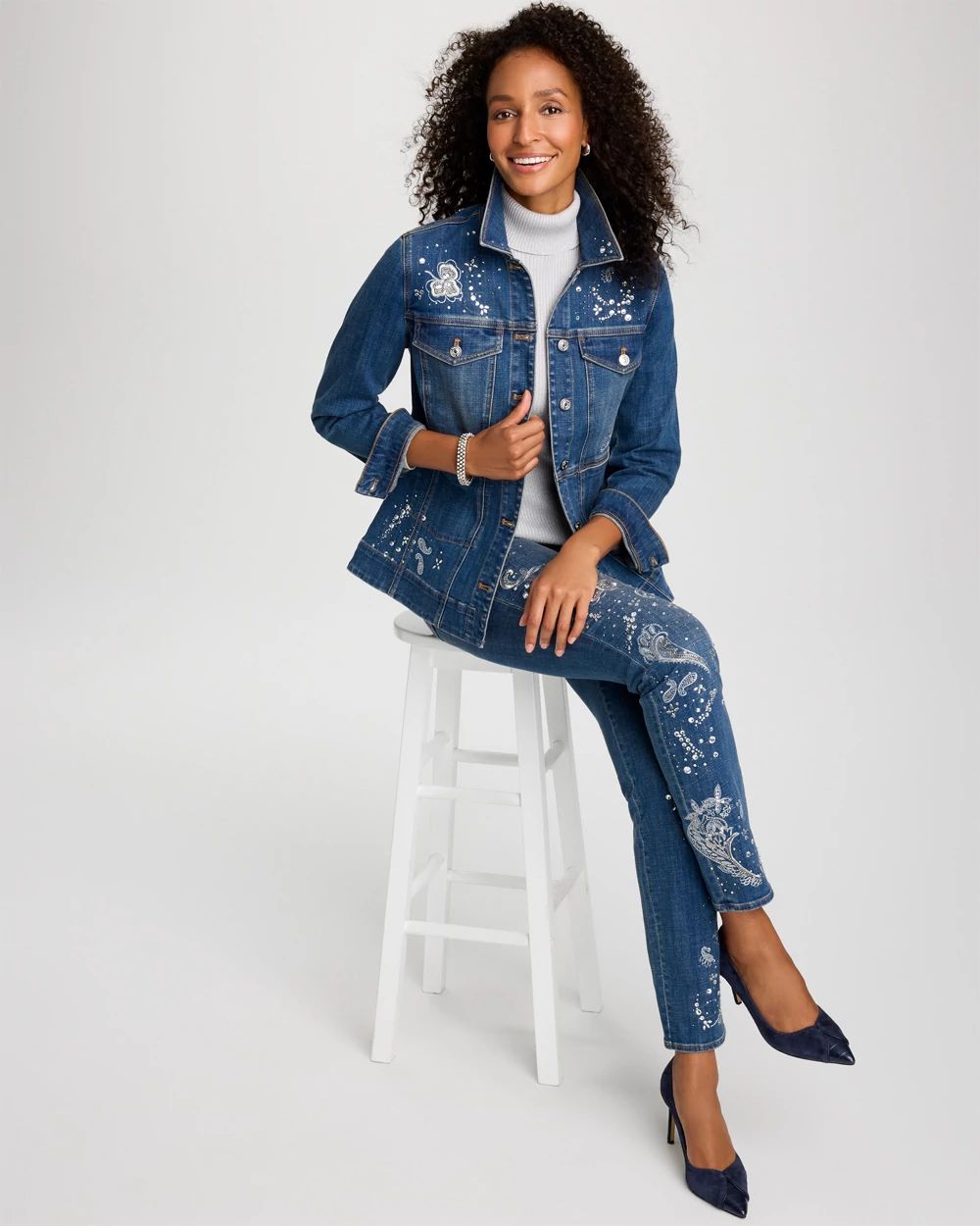 Embellished Denim Peplum Jacket click to view larger image.