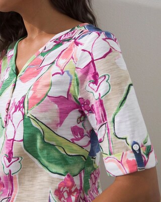 Floral Henley Elbow Sleeve Slub Tee