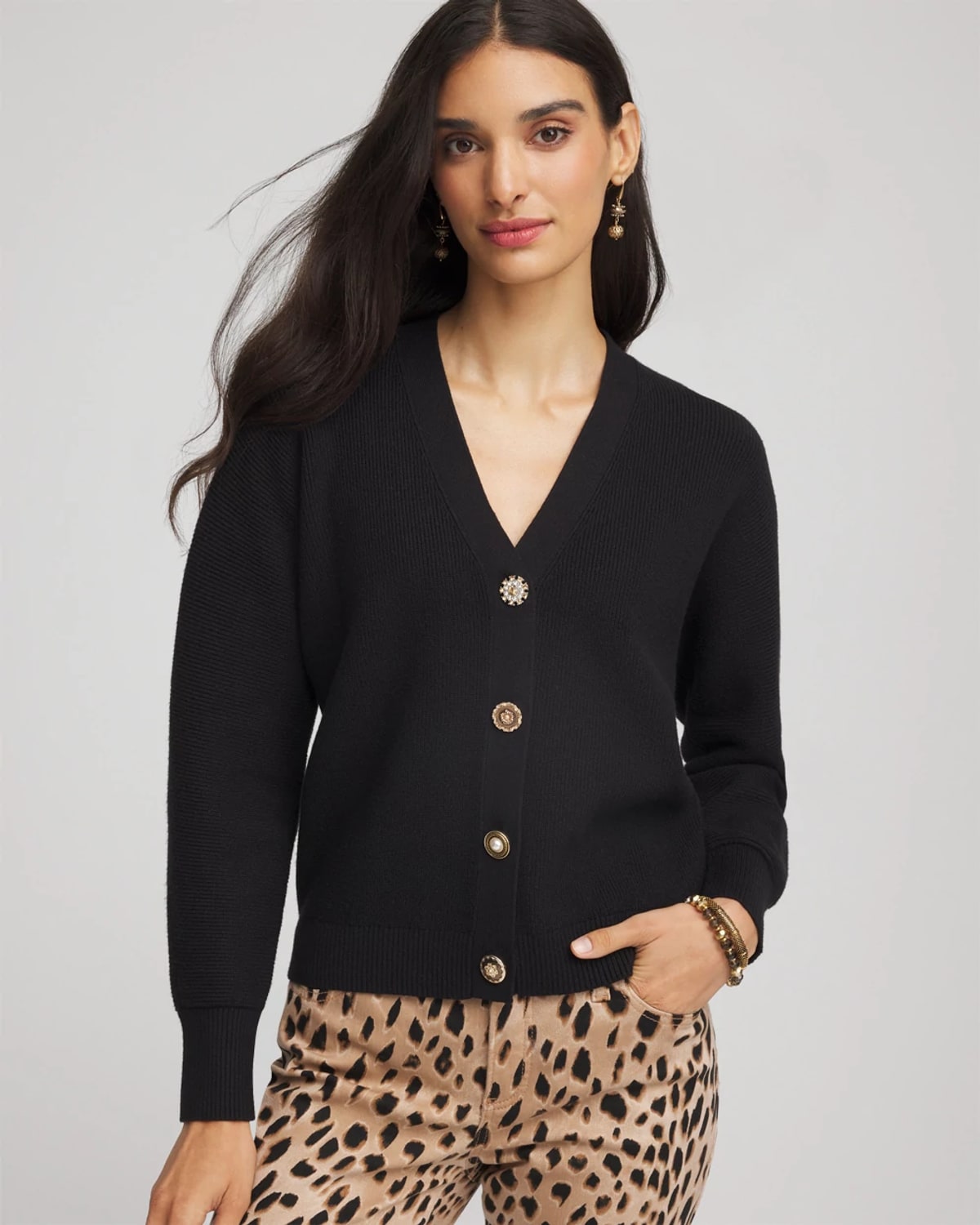 Chico's Relaxed-fit Button-front Cardigan Sweater In Black In Multi