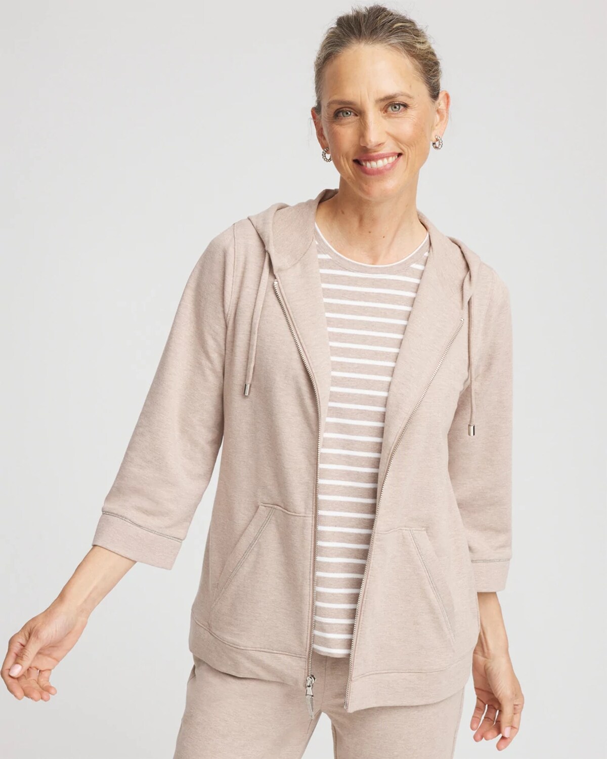 Chico's French Terry Full-zip Hoodie In Light Taupe Heather