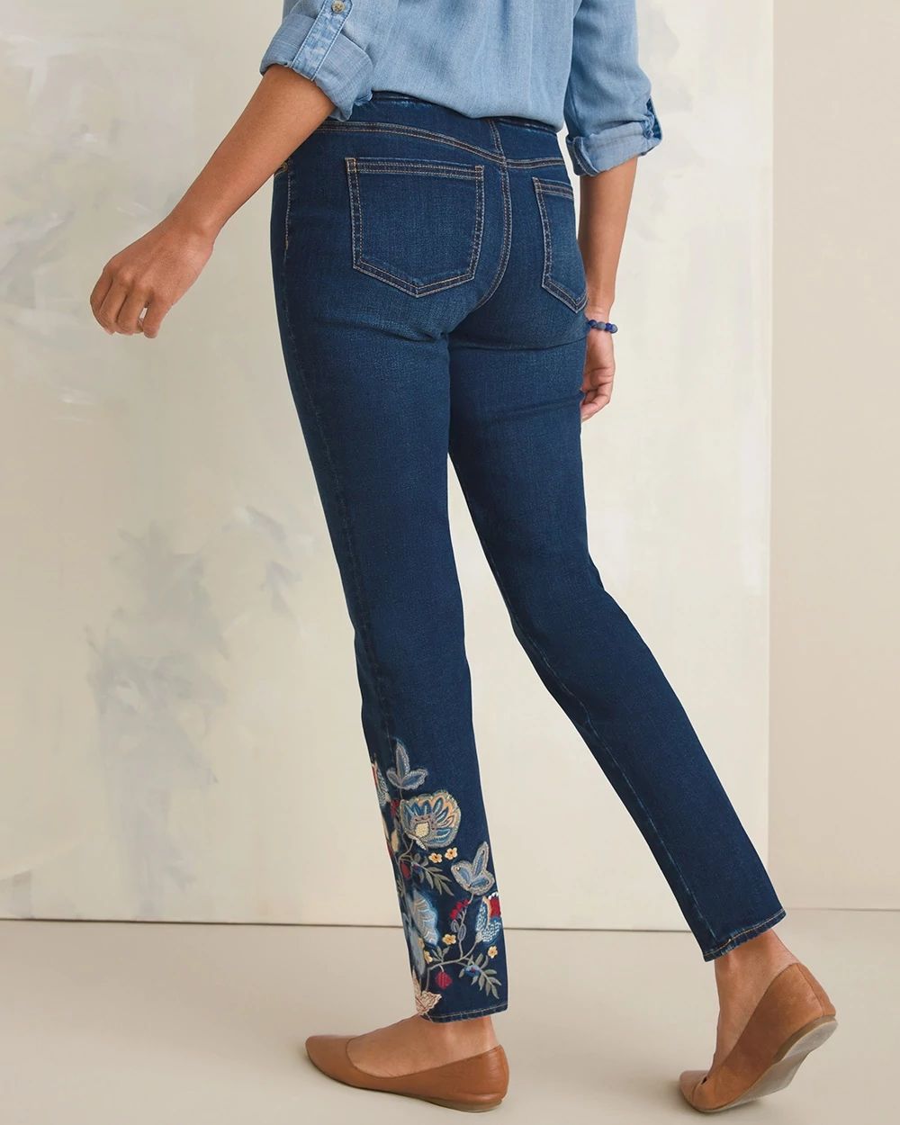 Embroidered and Appliqued Denim Pull-On Ankle Jeggings