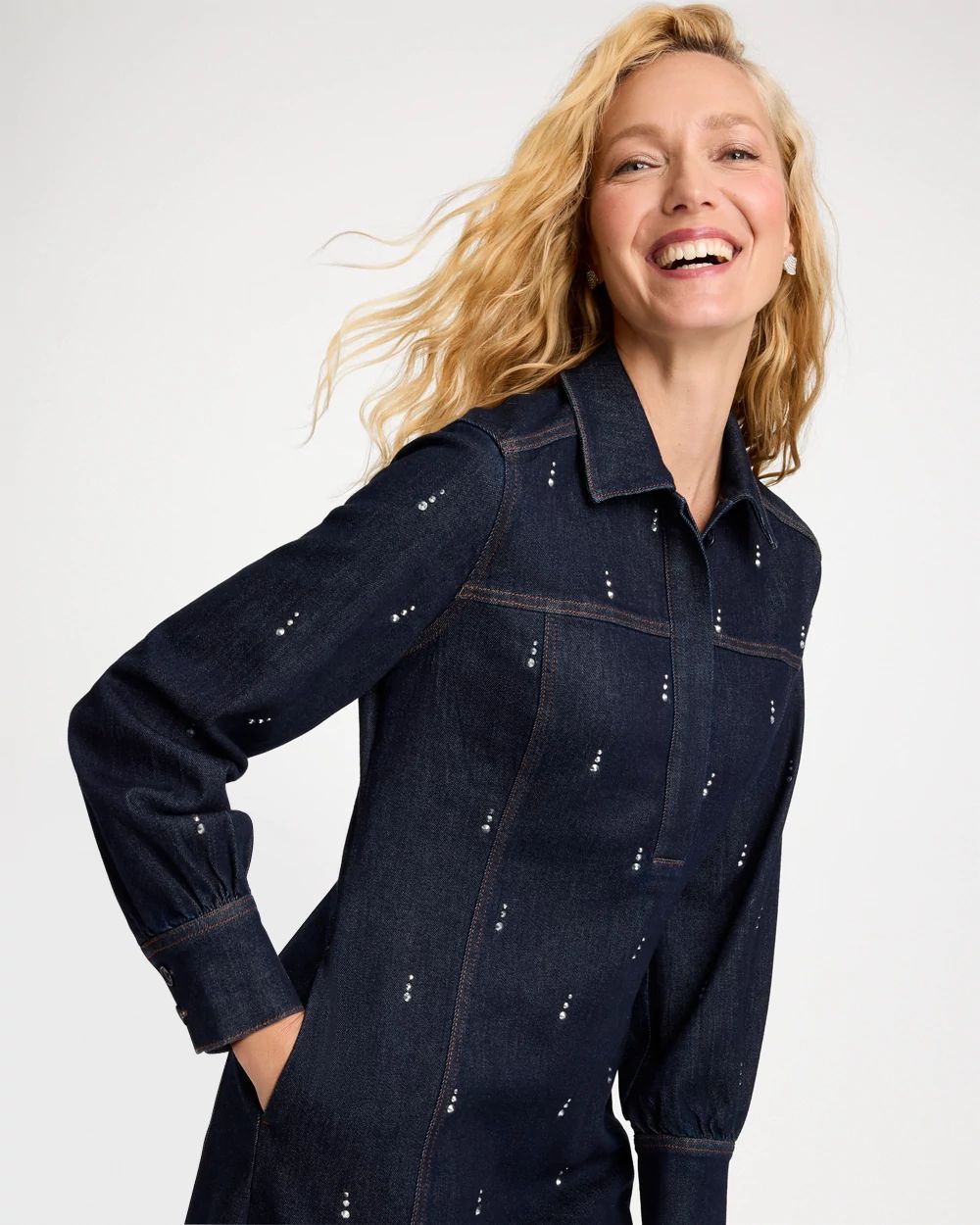 Embellished Denim Midi Shirtdress click to view larger image.