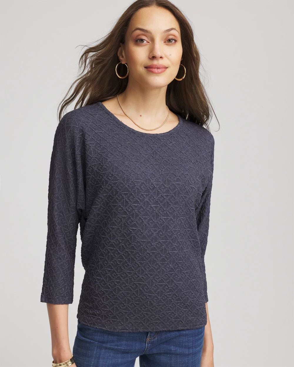 Textured Denim-Motif Tapered-Hem Top