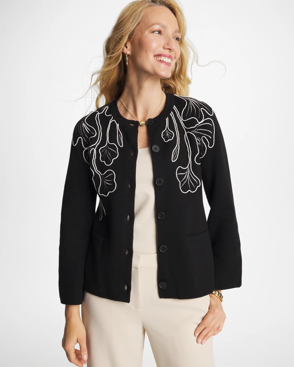Embroidered Crewneck Cardigan Jacket