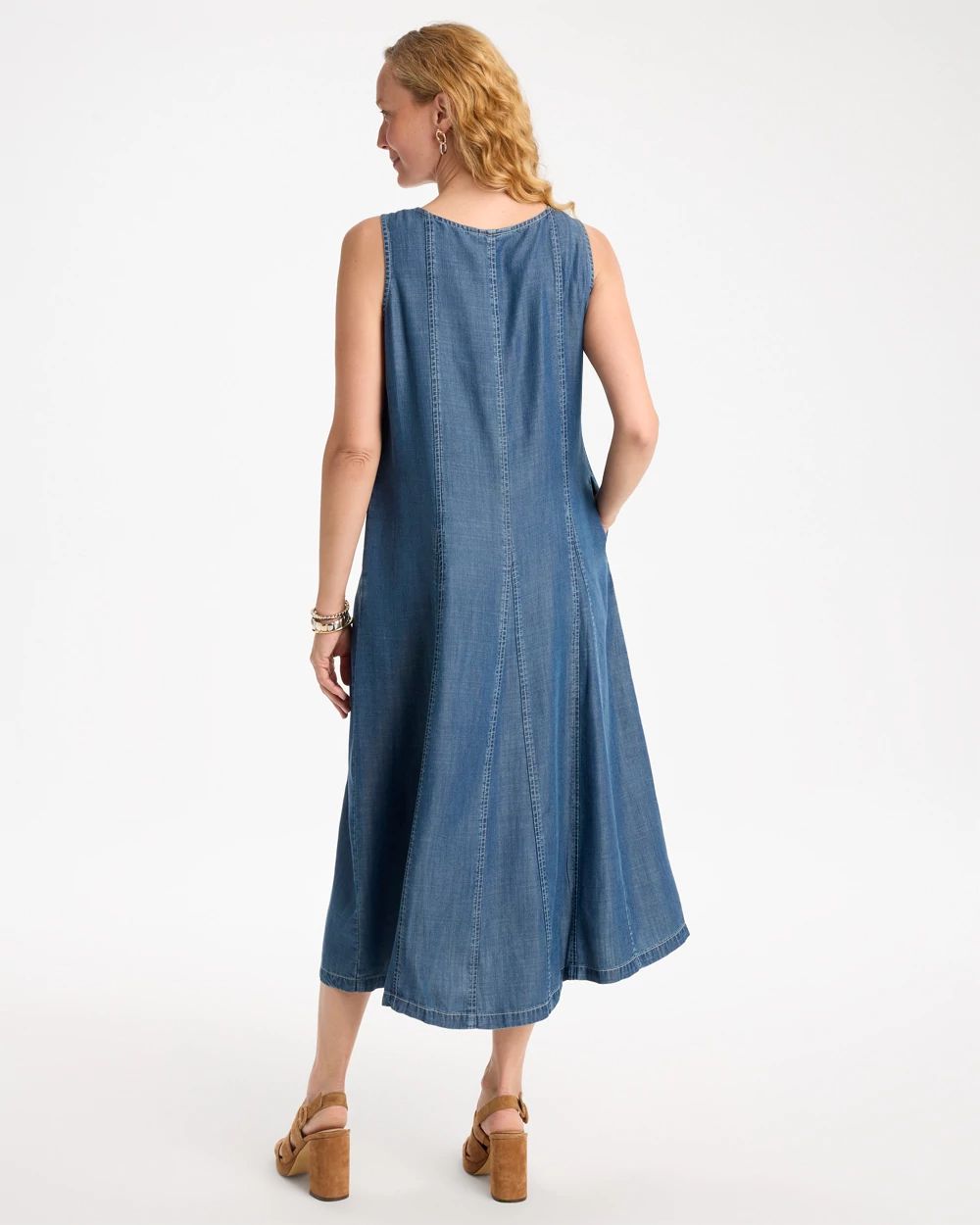 Denim Godet Sleeveless Dress click to view larger image.